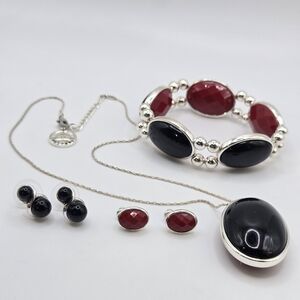 Trifari Crown Red Black Silver Tone Necklace Bracelet Earrings 4 Item Set